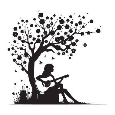 Ağaç siluetinin altında gitar çalan kız müzik zamanı