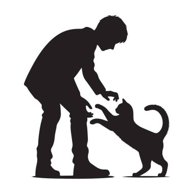 Erkek Silueti Kedi Bağlama Süreci İllüstrasyonuyla Etkileşiyor