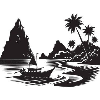Tropikal Plaj Manzarası Siluet Vektör Resimleri Serene Boat Ride