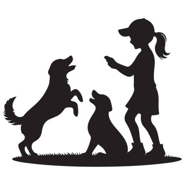 Kız Silueti Köpek Vektörü İllüstrasyon Hayvan Bağlama ile Oynuyor
