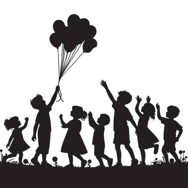 Balonlarla Oynayan Çocukların Silueti Resim Vektörü Grafik Tasarımı