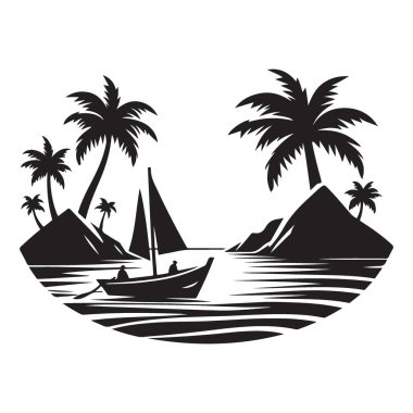 Siluet Tropikal Ada Tekne Resimleri Palmiye Ağaçları Kıyı Sahili Sahne Tasarımı