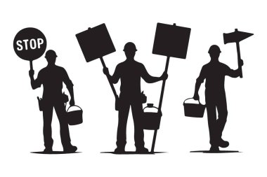 Siluet İnşaat İşçileri İşaretleri Vektör Resimleriyle Protesto Ediyor
