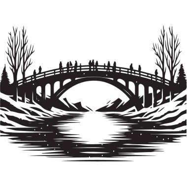 Kış köprüsü silüeti vektör çizimi nehri insanlarla geçiyor