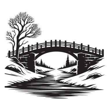 Sakin akarsu mevsimi boyunca Stone Bridge siluet vektör çizimi