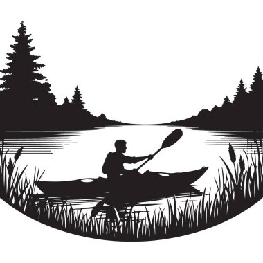 Orman ağaçlarıyla çevrili gölde kayak macerası silüeti.