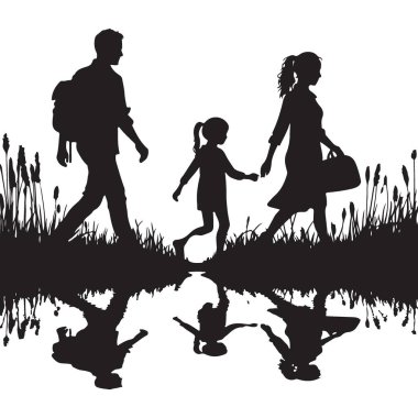 Aile yürüyen yansıması siluet vektör illüstrasyon doğa tasarımı