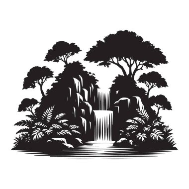 Siluet Görkemli Şelale Sahnesi Etrafı Lush Tropikal Bitkilerle çevrili