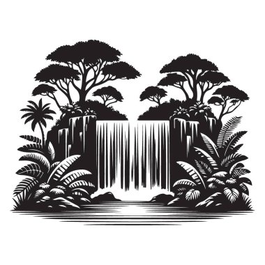 Siluet Tropikal Şelale Vaha Yağmur Ormanları Yaprakları Ortasında