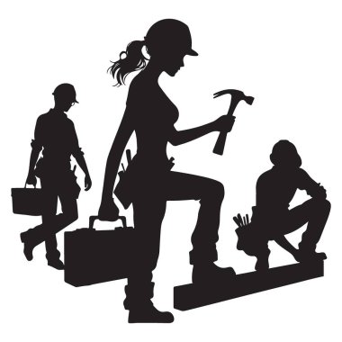 Kadın İnşaat İşçileri Siluet Vektör Resim Çizimi
