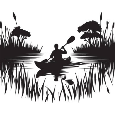 Göl vektörü macera çiziminde kano sürücüsü silueti