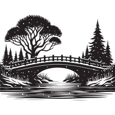 Büyüleyici siyah beyaz köprü manzara vektör çizimi tasarımı