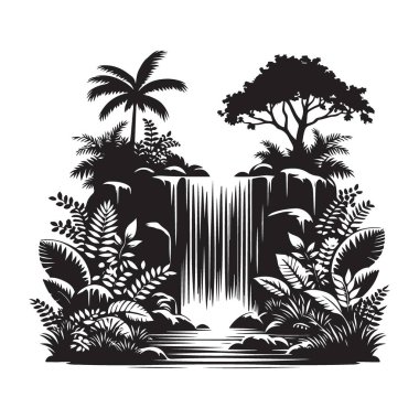 Tropik Şelale Silueti Egzotik Cennet Doğası Çizimi