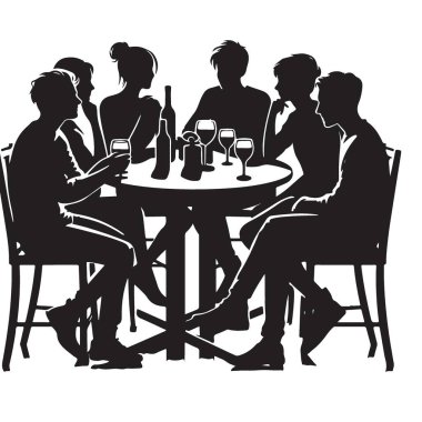 Arkadaşlar hayatı kutluyor. Masanın etrafında toplanmanın silüeti.