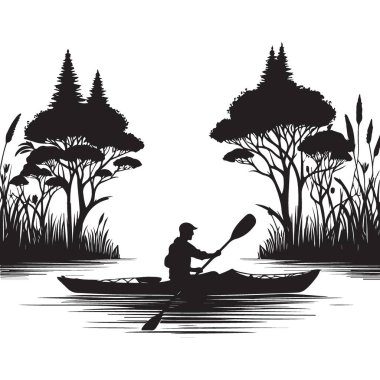 Huzurlu bir kano macerası. Doğa suyunun tadını çıkarmanın silüeti.