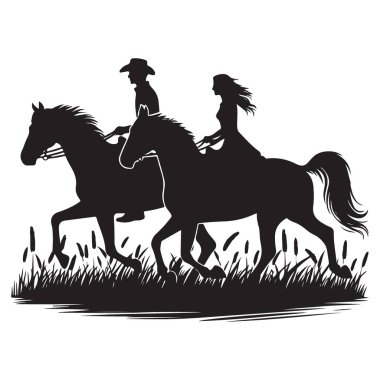 Bir çift at biniciliği silüeti resimli romantik yolculuk doğa hayvanları