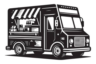 Foodys için Ayrıntılı Siyah ve Beyaz Yemek Kamyonu İllüstrasyonu