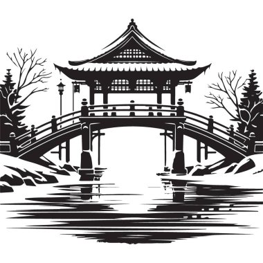 Japon Pagoda Köprüsü Vektör İllüstrasyonu Asya Tarihi Taşı Tasarım Sanatı