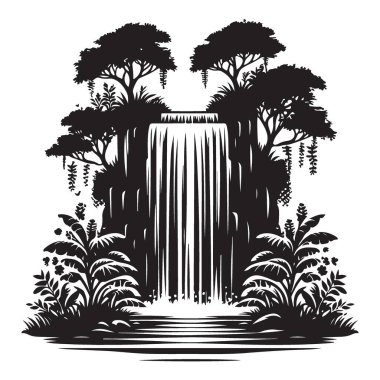 Şelale Silueti Vektör Sanat Gösterimi Tropik Cennet Sahnesi