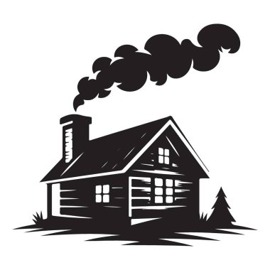 Konforlu Kütük Kulübesi Silueti Kırsal Yaşayan Dumanlı Baca Çizimi