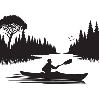 Kayakçı Siluet Nehri Macera Yüzen Serenity Açık Hava Etkinliği Çizimi