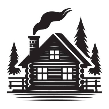 Ormandaki Konforlu Kütük Kulübesi Siluet Vektör İllüstrasyonu