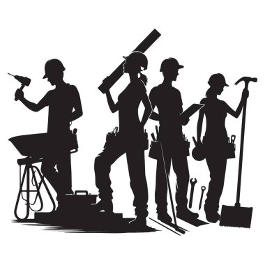 Siluet Ekibi İnşaat İşçileri Takım Çalışması Vektör Tasarımı