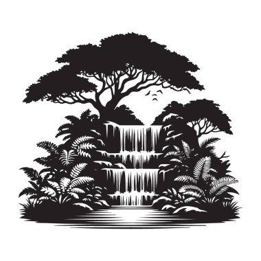 Lush Waterfall Peyzaj Vektörü Görüntü Silueti Sanat Tasarımı