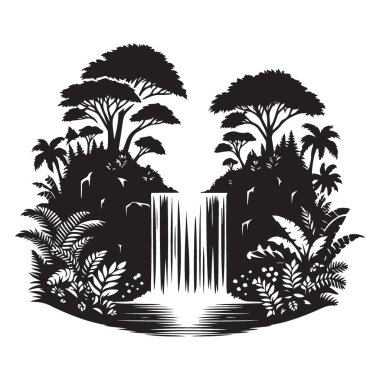 Siluet Tropikal Şelale Vektör Resimli Manzara Tasarım Şablonu