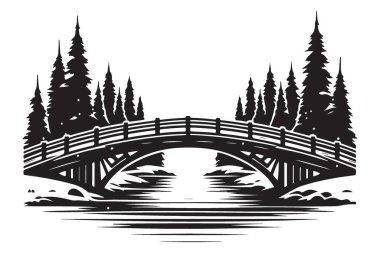 Resimli nehir köprüsü yansıması doğa vektörü sanat sakin manzara