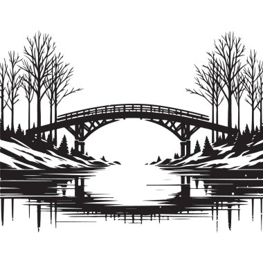 Kış ağaçlarıyla çevrili sakin nehir üzerindeki siluet köprü