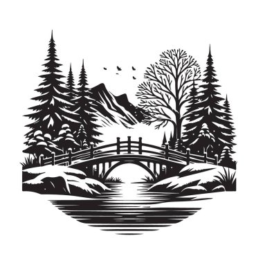 Huzurlu Lakeside Peyzaj Silueti Sanat Köprüsü ve Dağları