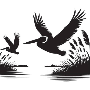 Pelikan Silueti Su Bataklığı Vektör Resimlerinde Uçuyor