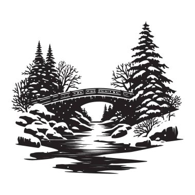 Kış Peyzajı Köprü Altında Nehir Kar Manzarası Vektör İllüstrasyonu