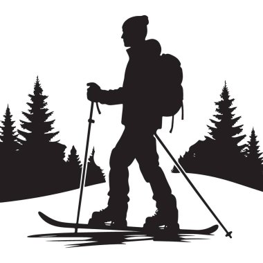 Siluet Kayakçı Arka Ülke Tur Manzarası Çizim Vektörü Sanatı