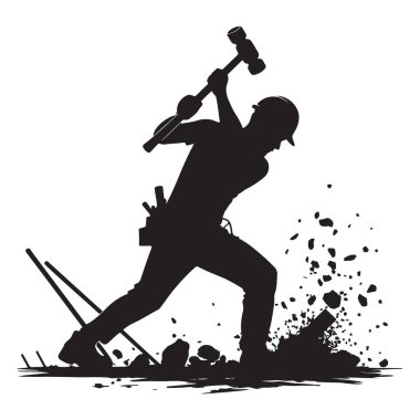 İnşaat İşçisi Silueti Balyoz Vektör Grafiğiyle Betonu Yok Ediyor