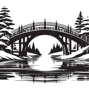 Japon Köprüsü 'nün Silueti Su Vektörü İllüstrasyonuna Yansıyor