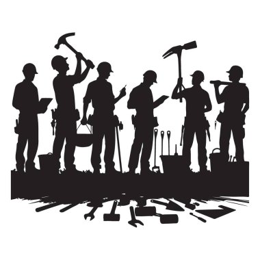Araç Vektörü Grafikli İnşaat İşçileri Siluet Grubu