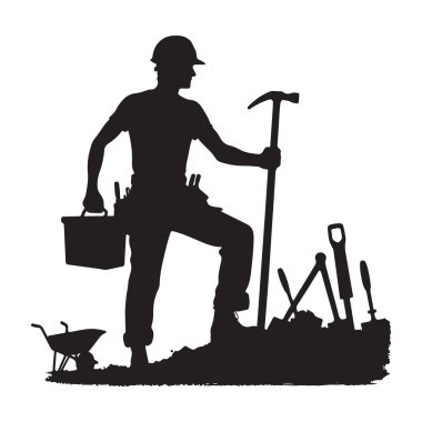 İnşaat alanında aletleri olan inşaat işçilerinin silueti