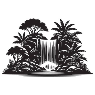 Lush Tropikal Sebze Silueti ile Güzel Şelale Şelalesi