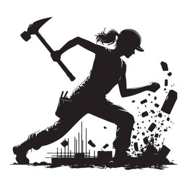 İnşaat İşçisi Duvar Siluetini Yıkma Vektörü Grafik Çizimi