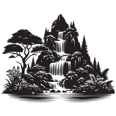 Majestic Waterfall İllüstrasyon Doğa Sahne Vektörü Peyzaj Sanatı