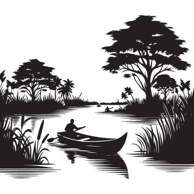 Serene Nehri Silueti Canolar ve Bereketli Bitkilerle İllüstrasyon