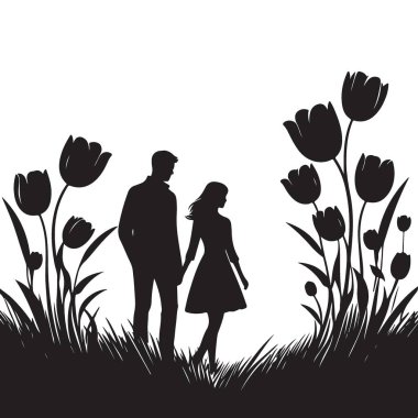Romantik Çift Silueti Çiçek Bahçesinde Dolaşıyor