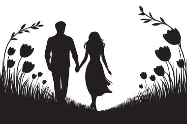 Romantik Çift Yürüyen Siluet Çiçek Resimli Grafik Tasarımı