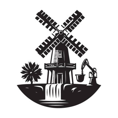 Klasik Yel Değirmeni Manzarası Siluet Vektör Sanat İllüstrasyonu