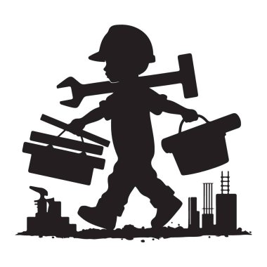 Aletler ve İnşaat Aletleri ile Genç İnşaatçı Siluet Resimleri