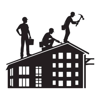 Siluet İnşaat İşçileri Ekibi Çatı Çizimi Vektörü Yapıyor