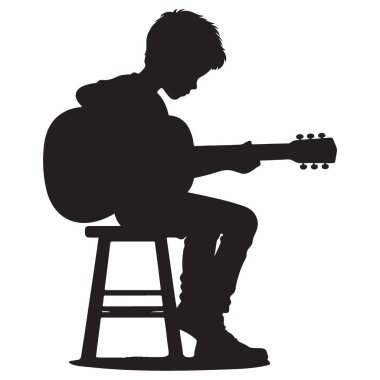 Genç Müzisyen Silueti Akustik Gitar Vektörü Sanatı