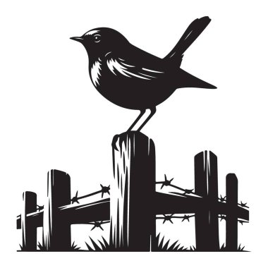 Çit illüstrasyon vektörüne tünemiş bir kuşun silüeti